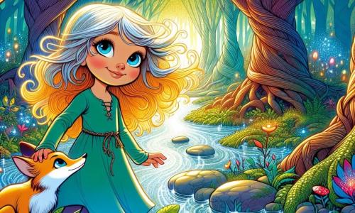 Una niña de 10 años, Lila, con grandes ojos brillantes y cabellos dorados que flotan al viento, se encuentra al borde de un arroyo reluciente. Expresa asombro y emoción, su sonrisa ilumina su rostro. A su lado, un zorro de pelaje azul brillante la observa con curiosidad, sentado sobre una piedra lisa, listo para acompañarla en su aventura. El lugar es un bosque encantado, donde árboles majestuosos con troncos retorcidos se elevan hacia el cielo, sus hojas de un verde brillante crean un techo de luz suave. Flores coloridas de formas extrañas salpican el suelo, mientras una ligera niebla danza entre los troncos. La situación principal muestra a Lila, de pie sobre un puente de ramas entrelazadas, dudando entre dos caminos misteriosos: uno lleva a un arroyo plateado y el otro a un sendero de piedras flotantes, mientras el viento murmura secretos a su alrededor.