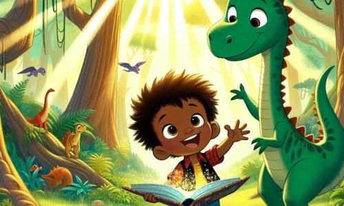 Leo, un ragazzo curioso con capelli castani disordinati e occhi brillanti di gioia, si trova davanti a un libro magico dalle pagine scintillanti, con le braccia aperte e un grande sorriso sul volto, pronto a vivere un'avventura incredibile. Accanto a lui, Dino, un grande dinosauro erbivoro dal collo lungo e squame verdi, si china verso Leo con uno sguardo amichevole e occhi dolci, mostrando il suo interesse per il bambino. Lo scenario è una foresta preistorica lussureggiante, piena di alberi giganti e felci, con raggi di sole che filtrano attraverso il fogliame, creando un'atmosfera incantata. Sullo sfondo, si possono vedere altri dinosauri che giocano pacificamente, aggiungendo magia al momento. La scena principale mostra Leo, meravigliato, mentre apre il libro magico, mentre Dino lo osserva con curiosità, pronto a mostrargli le meraviglie del suo mondo.