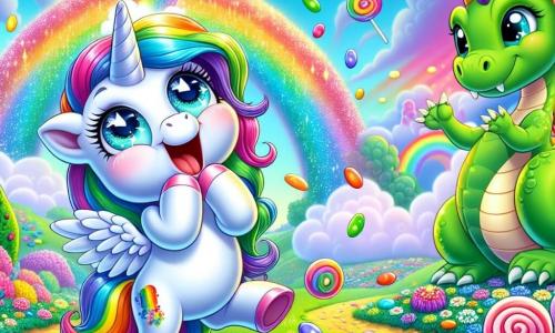 Al centro dell'immagine, una piccola unicorno di nome Lulù, con una criniera colorata come un arcobaleno e occhi pieni di curiosità, starnutisce gioiosamente, facendo piovere caramelle multicolori attorno a sé. Accanto a lei, un drago di nome Fumoso, con squame verdi e ali traslucide, sorride sputando nuvole di fumo colorato. Sullo sfondo, un magnifico paesaggio di Arcobalandia si estende: prati fioriti dai colori vivaci, alberi dai tronchi a spirale e nuvole a forma di caramelle fluttuano in un cielo blu splendente. La scena principale mostra Lulù che starnutisce, provocando una pioggia di caramelle che cadono come stelle cadenti, mentre Fumoso ride e applaude, creando un'atmosfera di festa e magia.