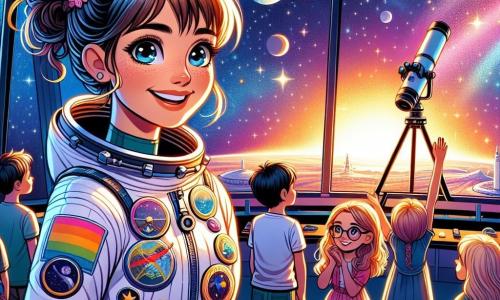 Im Mittelpunkt des Bildes steht die lächelnde Astronautin Lisa, eine etwa 30-jährige Frau mit braunen, zu einem Pferdeschwanz gebundenen Haaren. Sie trägt einen weißen Raumanzug, der mit lebhaften Farben und Erkundungsabzeichen geschmückt ist. Ihre Augen strahlen vor Aufregung, während sie durch ein großes Teleskop schaut und von den funkelnden Sternen fasziniert ist. Neben ihr steht eine Gruppe von vier Kindern, zwei Mädchen und zwei Jungen im Alter von 5 bis 7 Jahren, die im Kreis stehen. Das erste Mädchen mit blonden Haaren und einer Brille hebt die Hand, um eine Frage zu stellen. Der zweite Junge mit braunen Haaren und Sommersprossen schaut Lisa mit großen Augen an, voller Staunen. Das dritte Mädchen mit schwarzen Zöpfen lächelt fröhlich, während der vierte Junge mit kastanienbraunem Haar ein kleines Raketenmodell hält. Die Szene spielt sich in einem großen Beobachtungsraum der Raumstation ab, mit Panoramafenstern, die einen spektakulären Blick auf den Weltraum bieten. Man sieht leuchtende Sterne, bunte Planeten und einen wunderschönen Sonnenuntergang über der Erde am Horizont. In dieser Hauptsituation erklärt Lisa den faszinierten Kindern die Wunder des Universums, zeigt ihnen, wie sie das Teleskop benutzen können, um die Sterne zu beobachten, und teilt ihren Traum, Astronautin zu sein.