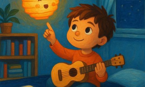 A young boy sits on a navy rug with messy brown hair, a round smiling but dreamy face and bright eyes, holding a small light-wood guitar on his knees and reaching a finger toward a glowing orange-and-white paper lantern that floats above a shelf and emits a soft golden glow; the lantern seems alive with wave-like folds and a small glowing mouth that sings. On the bed is an open notebook with cloud drawings and scribbled lyrics, ivory pages and scattered colored pens. The cozy nighttime room has pale blue walls, silver moonlight through a window with a light curtain, a wooden shelf stacked with books and a potted green plant. Main moment: the boy gently touches the singing lantern in a tender, magical scene of warm light contrasting the room’s soft blue shadows. Palette: warm tones for lantern and guitar, cool blues for the background, visible acrylic paint texture with broad, soft brushstrokes.