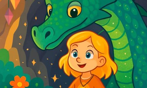 O fetiță pe nume Mira, în vârstă de aproximativ 10 ani, stă cu curaj la picioarele unui dragon imens cu solzi verzi și albaștri strălucitori. Mira are părul auriu care strălucește în soare și ochi plini de curiozitate. Ea poartă o tunică simplă și un mic talisman luminos la gât, iar fața ei exprimă atât determinare, cât și uimire. Dragonul, măreț și impunător, se află chiar în spatele ei, cu ochi profunzi și înțelepți care par să spună povești vechi. Corpul său este acoperit de solzi strălucitori, emanând o aură de putere blândă. Scena are loc într-o peșteră magică, plină de lumini strălucitoare și flori vibrante care cresc între stânci. Cristale strălucitoare atârnă de tavan, proiectând reflexii colorate pe pereții de piatră. Mira ascultă cu atenție dragonul, care îi povestește o poveste veche, în timp ce o briză ușoară face florile să danseze în jurul lor. Atmosfera este atât liniștită, cât și fermecată, plină de promisiuni de aventură și magie.