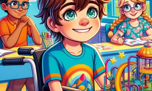 A 10-year-old boy, Oliver, is sitting in his wheelchair with a big, radiant smile on his face. He has messy brown hair and is wearing a bright blue t-shirt with a rocket design. His eyes sparkle with joy and excitement as he proudly shows off his science project, an accessible playground model with colorful ramps and interactive panels. Next to him, Mia, a 10-year-old girl with braided blonde hair, admires the project with stars in her eyes. She is wearing a flower dress and holding a marker, ready to add details to the model. Jake, a 10-year-old boy with glasses and brown hair, stands behind Oliver, taking notes in a notebook with a focused and enthusiastic look. The scene takes place in a bright classroom with yellow-painted walls and colorful posters about science and inclusion. Sunlight streams through the windows, illuminating the wooden desks and multicolored chairs. Oliver is presenting his science project to his classmates, surrounded by friends who are all captivated by his enthusiasm. The children are laughing and applauding, creating a joyful and encouraging atmosphere that symbolizes acceptance and friendship.