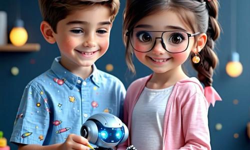 Un băiat de 6 ani, vesel și concentrat, păr șaten deschis tuns scurt, cămașă bleu cu motive rachetă, ține un mic robot gri cu ochi albaștri strălucitori și îl repară cu o pensetă; o fetiță de 6 ani (Ada), zâmbitoare și poznașă, cu păr brun împletit și geacă roz, stă lângă el și arată o mică elice de umbrelă zburătoare în mâna dreaptă; un bătrân (domnul Felix, ~65 ani), binevoitor, cu ochelari rotunzi și vestă bej, îi supraveghează și îi ghidează, stând puțin în retragere lângă o cutie de scule metalică deschisă. Locul: o mare piață pietruită sub o pergolă mare din sticlă colorată ce difuzează benzi turcoaz, violet și galben; bănci curbate, drone mici în formă de fluture și afișe holografic colorate. Situația: atelier animat de reparații, copii adunați în jurul meselor de metal lustruit, scule colorate și piese mecanice împrăștiate, atmosferă caldă de cooperare și descoperire; lumină blândă de amurg, reflexii pe suprafețele metalice, stil clar cu forme nette și culori saturate, prietenoase copiilor.