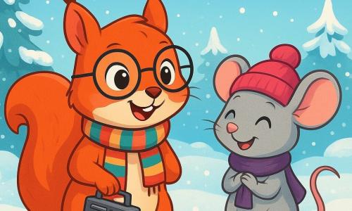 Rufus, a small red squirrel with sparkling eyes and rosy cheeks, wears a striped scarf and round glasses. He looks curious and excited, standing on his hind legs with a recorder in his paw, ready to explore. Next to him, Willow, a small gray mouse with a bright pink hat, has a joyful smile and her little ears perked up. She stands slightly back, admiring Rufus with her paws clasped around her scarf. The setting is a winter garden covered in a thick layer of sparkling snow, with trees laden with frost and a light blue sky dotted with fluffy clouds. The scene depicts Rufus and Willow embarking on an adventure in the snowy garden, eager to discover how animals prepare for winter, surrounded by a magical and peaceful atmosphere.