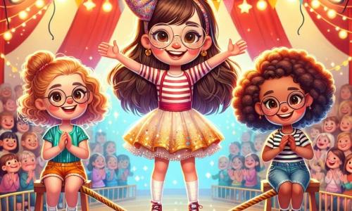 Ci sono tre personaggi principali: 1. **Sofia**, una ragazza di 10 anni con lunghi capelli castani e occhi brillanti, indossa un vestito colorato e un grande sorriso. Si trova al centro dell'immagine, su una corda tesa, con un bilanciere scintillante tra le mani. 2. **Marta**, una ragazza di 10 anni con capelli biondi intrecciati e occhiali rotondi, è seduta su una sedia di legno, applaudendo con entusiasmo. Indossa una maglietta a righe e un pantaloncino di jeans, e il suo viso è illuminato dalla gioia. 3. **Chiara**, una ragazza di 10 anni con capelli ricci rossi e un grande fiocco colorato, si trova accanto a Marta, tenendo un piccolo trofeo di carta. Indossa un vestito a pois e sorride ampiamente, incoraggiando Sofia. La scena si svolge in un circo vibrante, con un grande tendone a strisce rosse e bianche sullo sfondo. Luci scintillanti illuminano lo spazio, e spettatori meravigliati riempiono le panchine. Palloncini colorati fluttuano nell'aria e coriandoli cadono dolcemente intorno a loro, creando un'atmosfera festosa. La situazione principale mostra Sofia mentre cammina con grazia sulla corda, mentre il funambolo, un uomo in costume scintillante, la osserva con ammirazione. Il pubblico è rapito, e l'atmosfera è carica di eccitazione e magia, illustrando il momento in cui Sofia scopre il suo talento nascosto.