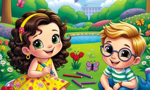 A 6-year-old girl, Mia, with curly brown hair and sparkling eyes, is sitting on the green grass of the park, a big smile on her face. She is wearing a bright yellow dress adorned with colorful flowers and holding a crayon in one hand, ready to draw. Next to her, her friend Ben, a 6-year-old boy with blonde hair and round glasses, is drawing a large rainbow on a piece of paper, looking focused. A little further away, Lily, a 5-year-old girl with straight black hair, is coloring butterflies with multicolored crayons, laughing joyfully. The park is filled with brightly colored flowers: red tulips, white daisies, and violets, while majestic trees provide shade and the sky is a bright blue with a few white clouds. The main scene shows Mia and her friends participating in a spring drawing contest, surrounded by laughter and creativity, capturing the magic and beauty of this joyful season.