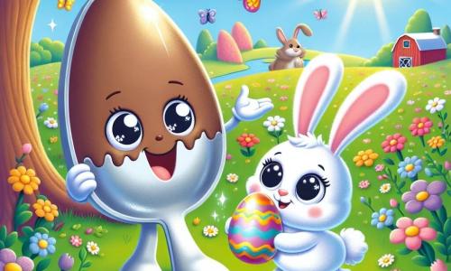 Little Spoon, an anthropomorphic little spoon with a smiling face and sparkling eyes, is joyfully jumping in a sunny field, holding a large colorful Easter egg in its arms. Next to him, Bunny, an adorable rabbit with big ears and soft fur, gazes at the egg in wonder, his eyes shining with curiosity. The field is filled with multicolored flowers, with butterflies fluttering around and a bright blue sky in the background. In the distance, an old barn can be seen where Moo the cow, a red and white cow, peacefully stands, watching the two friends with a kind smile. The scene shows Little Spoon and Bunny discovering a large chocolate bunny hidden under a tree, their faces beaming with joy and excitement, ready to share this delicious Easter surprise.