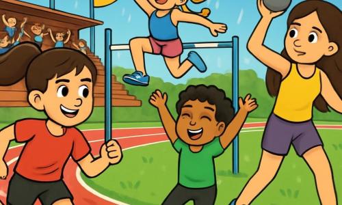 There are 4 children: Emma, a 12-year-old girl with brown hair in a ponytail, wearing a red t-shirt and black shorts, running on the track with a determined and smiling face; Sophie, a 12-year-old girl with blonde hair in braids, dressed in a blue tank top and pink shorts, preparing to jump over the high jump bar, focused and energetic; Mia, a petite 12-year-old girl with short curly hair, wearing a green t-shirt and black leggings, warming up by jumping in place with a big smile; and Lily, the tallest in the group, with long straight hair, wearing a yellow tank top and purple shorts, focusing on her shot put throw. The scene takes place on a sunny sports field with a bright red track surrounded by greenery. Wooden bleachers are filled with enthusiastic spectators, and colorful flags flutter in the wind. The sky is blue with a few white clouds, and raindrops begin to fall, creating an exciting atmosphere. The main situation shows the four girls in competition, ready to give their best during the relay race. Emma is in the lead, running at full speed, while Sophie prepares to jump, Mia warms up, and Lily focuses on her throw. The energy is palpable, and the team spirit shines through their smiles and determination.