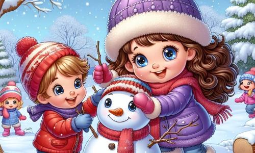 A 7-year-old girl named Lily, with long curly chocolate-colored hair and sparkling eyes, joyfully smiles as she builds a snowman in her garden. She wears a purple snowsuit, wool gloves, and a hat with a pom-pom, her cheeks rosy from the cold and excitement. Next to her, her 5-year-old little brother Max, with a mischievous grin, wears a bright red jacket and snow boots. He is looking for branches to make the snowman's arms, standing close to Lily, his eyes shining with enthusiasm. The garden is transformed into a magical winter landscape, with snowflakes gently falling, majestic trees covered in snow, and a clear blue sky contrasting with the bright white ground. The main scene shows Lily and Max in action, laughing and having fun shaping the snowman, surrounded by the peaceful beauty of winter, capturing the joy and wonder of this snowy day.