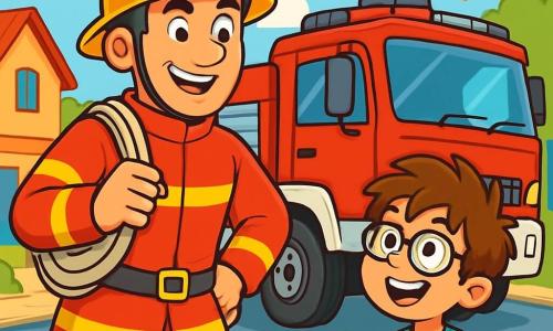 Um bombeiro, Lucas, sorridente e determinado, veste um uniforme vermelho brilhante e um capacete amarelo. Seus olhos brilham de empolgação enquanto está diante de um grande caminhão de bombeiros, pronto para atender a uma emergência. Ao seu lado, um garoto de 10 anos, Rafael, com cabelo castanho bagunçado e óculos, observa Lucas com admiração, segurando um pequeno brinquedo de caminhão de bombeiros. O local é um bairro animado da cidade, com casas coloridas e árvores verdes, sob um céu azul claro. Ao fundo, o caminhão de bombeiros está estacionado, suas luzes piscando e uma sirene soando, criando uma atmosfera de emergência. Lucas está prestes a pular no caminhão, enquanto Rafael o incentiva entusiasticamente, ansioso para ver seu herói em ação.