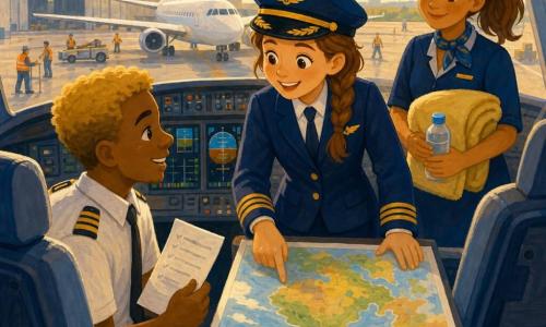 Captain Maya, a smiling reassuring female pilot with braided brown hair under a blue pilot cap and bright eyes, stands in the cockpit pointing at a large colorful chart on the navigation table; Sam, the co-pilot (about 30) with short dark-blond hair, sits left in the co-pilot seat holding a white checklist and repeating words with Maya; Jo, the flight attendant (about 28) with chestnut hair in a ponytail and a gentle smile, stands behind the cabin seats holding a small blanket and a water bottle for a child; through the cockpit window the hangar and tarmac are visible with a textured gray surface, a shiny white aircraft with wide wings and workers in orange vests in the distance; the team prepares a morning flight in soft warm light (yellow, peach, sky blue), rounded shapes, calm reassuring atmosphere.