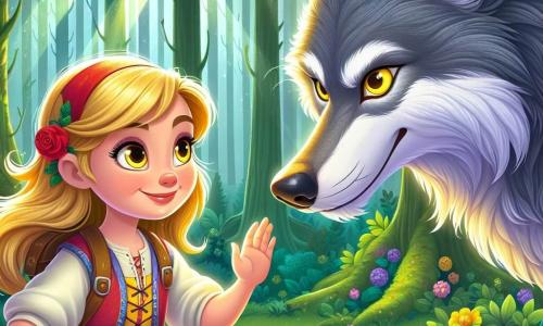 No centro da imagem, uma menina de 12 anos, Clara, enfrenta corajosamente um grande lobo. Ela tem cabelos dourados que caem em ondas ao redor de seu rosto sorridente, e seus olhos brilham com uma curiosidade vibrante. Ela usa uma túnica colorida e uma pequena mochila, olhando para o lobo com uma expressão determinada e amigável. Ao lado dela, o Grande Lobo Mau, majestoso e imponente, tem uma pelagem cinza e prateada que brilha sob os raios do sol. Seus olhos, de um amarelo penetrante, expressam sabedoria e suavidade. Ele se inclina levemente em direção a Clara, como se estivesse prestes a revelar um segredo. O cenário é uma clareira encantada no coração de uma floresta densa, onde a luz do sol filtra através das folhas verdes, criando padrões de luz e sombra no chão. Flores coloridas e cogumelos mágicos adornam o solo, acrescentando um toque de magia ao ambiente. A situação principal mostra Clara e o lobo em plena conversa, Clara levantando uma mão com confiança, como se estivesse fazendo uma pergunta importante, enquanto o lobo a escuta atentamente, pronto para compartilhar sua história.
