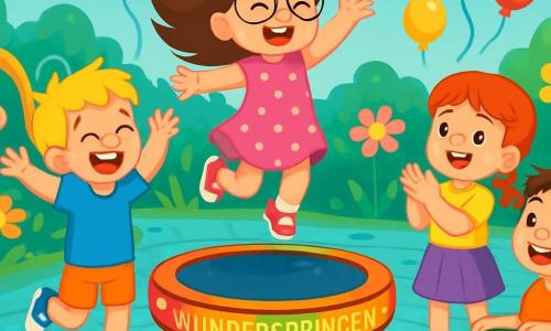 Es gibt 4 Kinder: - Mia: ein 5-jähriges Mädchen mit langen braunen Haaren und runden Brillen. Sie trägt ein rosa gepunktetes Kleid und lächelt fröhlich, bereit, auf das Wunderspringen zu springen. - Tom: ein 5-jähriger Junge mit zerzausten blonden Haaren und einem blauen T-Shirt. Er lacht mit erhobenen Armen neben Mia, bereit, ihr nachzuspringen. - Lara: ein 5-jähriges Mädchen mit roten geflochtenen Haaren und einem lila Rock. Sie steht etwas weiter hinten und klatscht begeistert in die Hände, während sie auf den Sprung ihrer Freunde wartet. - Ben: ein 5-jähriger Junge mit braunen Haaren und einem breiten Lächeln. Er sitzt in seinem Rollstuhl, der glänzt, und schaut bewundernd zu seinen Freunden, bereit, sich ihnen anzuschließen. Die Hauptsituation spielt in einem futuristischen Park in Glitzerhausen, der mit leuchtenden Blumen und bunten Spielen gefüllt ist. Der Boden ist mit funkelnden Platten bedeckt, die in Blau- und Grüntönen schimmern. Im Zentrum des Parks steht das Wunderspringen, ein großes, kreisförmiges Gerät in leuchtenden Farben, umgeben von blinkenden Lichtern und schwebenden Ballons. Die Hauptsituation der Geschichte zeigt die Kinder, die Spaß auf dem Wunderspringen haben. Mia springt hoch in die Luft, ihre Haare wehen um sie herum, während Tom auf seinen Turn wartet, die Arme erhoben, bereit, loszuspringen. Lara applaudiert begeistert, und Ben lächelt in seinem Rollstuhl, während er zuschaut. Die Atmosphäre ist fröhlich und voller Energie, mit Lachen, das in der Luft hallt.