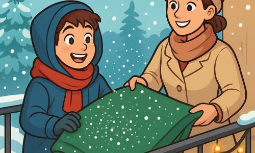 Ein 10-jähriger Junge, Jonas, mit rosigen Wangen und neugierigen Augen steht auf einem verschneiten Balkon. Er trägt eine dicke blaue Jacke, einen roten Schal und eine große Kapuze, die sein lächelndes Gesicht umrahmt. Er schüttelt einen schweren Teppich, während glitzernde Schneeflocken um ihn herumwirbeln. Neben ihm ermutigt seine Mutter, eine Frau in ihren Dreißigern mit braunen, zu einem Dutt gebundenen Haaren und einem warmen Lächeln, ihn, während sie einen anderen Teppich hält. Sie trägt einen beigen Mantel und eine gestrickte Mütze, die der Szene eine sanfte Note verleiht. Der Balkon ist mit Lichtern geschmückt, die im Morgenlicht leuchten, umgeben von sanft fallenden Schneeflocken. Im Hintergrund stehen schneebedeckte Bäume unter einem klaren blauen Himmel. Die Hauptsituation zeigt Jonas und seine Mutter, die fröhlich zusammenarbeiten, um den Balkon zu reinigen, und eine festliche, warme Atmosphäre voller Lachen und winterlicher Magie schaffen.