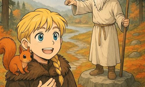 Ein etwa 18-jähriger Junge namens Erik schaut staunend zum Horizont, rundes lächelndes Gesicht, leuchtend blaue Augen, blond geflochtene Haare, dunkle Wolltunika und Pelzmantel, Hand aufs Herz; ein etwa 70-jähriger alter Mann mit langem weißem Bart und wirrem Haar, einfache Leinenrobe und Holzstab, steht auf einem hohen Stein, spricht leise zu Erik und zeigt auf einen kleinen Steig; ein roter Eichhörnchen namens Nils sitzt mit schelmischem Blick und buschigem Schwanz auf Eriks rechter Schulter; Ort: Hügel aus glatten Grausteinen am Ufer eines silbernen Flusses, dunkle Kiefern, rotes und goldenes Laub, leichter Nebel, schneebedeckte Berge in der Ferne und einige Holzhäuser im Tal; Stimmung: heller Morgen, Erik hört aufmerksam dem alten Mann zu, sanft-magische Atmosphäre, warme Farben, nordisch-vikingischer Stil mit Fell- und Holzdetails.