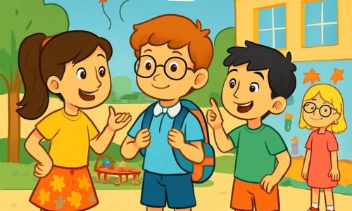 Hay 4 niños: Samuel: un chico de 10 años con cabello castaño y gafas redondas. Lleva un uniforme escolar azul claro y una gran mochila colorida. Está en el centro, sonriendo, con un aire curioso. Martina: una niña de 10 años con cabello largo y castaño atado en una coleta. Lleva una falda de flores y una camiseta amarilla. Está a la izquierda de Samuel, gesticulando con entusiasmo, con una mano en la cadera. Diego: un chico de 10 años con cabello negro desordenado y una sonrisa traviesa. Lleva una camiseta verde y un pantalón corto. Está a la derecha de Samuel, apuntando al cielo, como si tuviera una idea brillante. Lucía: una niña de 10 años con cabello rubio y gafas rectangulares. Lleva un vestido rosa y zapatillas blancas. Está un poco detrás, observando a sus amigos con una sonrisa tímida. La escena principal tiene lugar en el patio de una escuela primaria, lleno de colores vivos, con árboles verdes, mesas de madera donde juegan niños, y una gran pared decorada con dibujos de alumnos. El cielo es azul con algunas nubes blancas, y hay globos flotando en el aire. La situación muestra a los cuatro amigos preparándose para su primer día de escuela, intercambiando sonrisas y risas, rodeados de un ambiente alegre y amistoso, listos para vivir nuevas aventuras juntos.