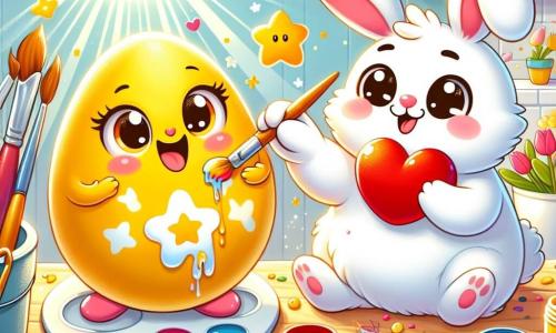A cheerful egg named Ellie, shining in yellow with big friendly eyes and a bright smile, is painting golden stars on a white egg, her little feet waving with excitement. Next to her, Benny the rabbit, with his soft white fur, is painting a large red heart, his eyes sparkling with joy. The scene takes place in a sunny kitchen filled with colorful paint pots, brushes, and festive decorations, with rays of light illuminating everything. Ellie and Benny are surrounded by a joyful atmosphere, filled with laughter and creativity, as they prepare a colorful and fun Easter celebration together.