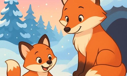 Ein kleiner Fuchs namens Fino mit leuchtend rotem Fell und neugierigen Augen steht im frischen Schnee, sein Gesicht strahlt Freude und Staunen aus. Er taucht seine Pfote in den Schneeteppich und hinterlässt einen zarten Abdruck. Neben ihm beobachtet seine Mama, eine sanfte und seidige Füchsin mit einem wohlwollenden und schützenden Ausdruck, ihn mit einem liebevollen Lächeln. Sie ist leicht nach vorne geneigt, bereit ihm zu helfen, und steht nahe dem Eingang ihres kleinen Baues, umgeben von fallenden Schneeflocken. Die Kulisse ist eine wunderschöne Winterlandschaft: majestätische Bäume, bedeckt mit funkelndem Schnee, umgeben sie, während der Himmel in rosa und blauen Nuancen gefärbt ist, die die Dämmerung ankündigen. Die Hauptszene zeigt Fino, der begeistert von der Schönheit des Winters fröhlich im Schnee spielt, während seine Mama liebevoll auf ihn achtet und eine warme und sichere Atmosphäre in der Kälte schafft.