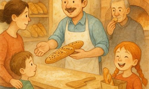 Matteo, un fornaio sui trent'anni dal viso rotondo con baffi sottili e capelli castani leggermente scompigliati, indossa un grembiule bianco infarinato e sorride mentre porge una baguette con semi a un bambino; una donna di circa 30–35 anni coi capelli raccolti tiene la mano di un bimbo di 4–5 anni che guarda la baguette con curiosità, stando vicino al bancone; un uomo anziano di circa 70 anni dai capelli grigi assaggia un pezzetto sul bancone con un lieve sorriso; una bambina di 6–7 anni con due trecce rosse ride mostrando una baguette un po' spaccata messa in un sacchetto di carta; la piccola panetteria di paese ha un bancone in legno chiaro, scaffali pieni di baguette dorate, farina in sospensione sulla tavola, un grande forno a mattoni aperto che diffonde un caldo bagliore e un taccuino verde vicino a una pala di legno; scena mattutina accogliente con baguette classiche e altre cosparse di semi esotici, colori caldi sabbia, ocra e rosa, tocchi di verde e nero dei semi, leggere pennellate ad acquerello per suggerire farina e vapore del forno.