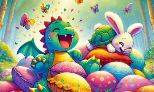 Un pequeño dragón colorido llamado Lúculo, con escamas brillantes de todos los colores del arcoíris, ríe a carcajadas, con las alas desplegadas, mientras está atrapado en una montaña de suaves y esponjosas almohadas multicolores. A su lado, Tilly, una tortuga sonriente con un bonito caparazón verde y ojos chispeantes, lo ayuda a liberarse empujando con sus pequeñas patas. Rufi, un adorable conejo de grandes orejas blancas, ríe mientras intenta liberarse de un montón de cojines, mientras que Nini, una pequeña ardilla traviesa con una cola esponjosa, se divierte saltando en los cojines, estallando en risas. El escenario es un claro encantado del bosque, lleno de flores coloridas y rayos de sol filtrándose a través de los árboles, creando una atmósfera alegre y mágica. La escena muestra un momento hilarante donde los amigos están todos atrapados en los cojines, riendo juntos de sus desventuras.