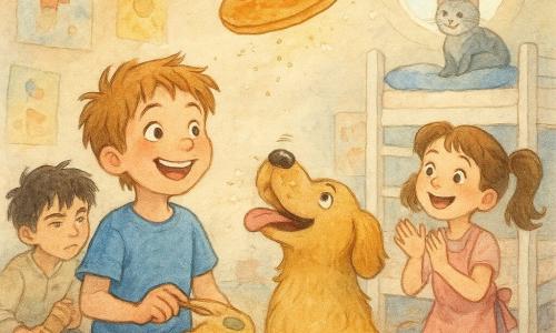 Un ragazzo di 10 anni, gioioso e birichino, capelli castano chiaro arruffati, occhi ridenti, maglietta blu e pantaloncini kaki, tiene una piccola paletta di legno e guarda il pancake volante; una bambina di 7 anni, curiosa ed eccitata, capelli castani in due codine, con un grembiule rosa, sta sul letto a castello in alto a destra applaudendo; un ragazzo di 12 anni, concentrato e inventivo, capelli neri un po' lunghi, camicia vecchia macchiata di farina, è accovacciato vicino a un lanciatore di cartone con nastro adesivo a sinistra del ragazzo principale; un cane di taglia media, pelo dorato e occhi dolci, è sorpreso e riceve il pancake sul muso, lingua fuori e orecchie in allerta, al centro‑avanti; un gatto grigio, divertito, osserva sullo sfondo su una pila di cuscini; la scena si svolge in una cameretta disordinata con letto a castello in legno bianco, poster colorati, giocattoli sparsi e una finestra rotonda che lascia entrare una luce mattutina soffusa; situazione principale: piccolo pancake in volo sopra il cane, scoppi di farina e briciole nell'aria, espressioni esagerate e gioiose, atmosfera giocosa e calda; stile: acquerello granuloso, colori pastello caldi, tratti morbidi, texture della carta visibile e schizzi di pittura.