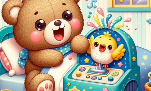 Un adorable oso de peluche de pelaje marrón y suave, con grandes ojos redondos y brillantes, está acostado en su cama, sonriendo ampliamente mientras ríe a carcajadas jugando con una máquina de reír colorida a su lado. Un pequeño pájaro de plumas amarillas y azules, con un pico afilado y ojos chispeantes, está posado en el borde de la cama, bailando alegremente con las alas desplegadas y riendo junto a su amigo el oso. La escena tiene lugar en una habitación cálida y acogedora, decorada con paredes en tonos pastel, estrellas y nubes dibujadas, una cama acogedora cubierta de mantas coloridas y juguetes esparcidos por el suelo. El oso y el pájaro se divierten juntos, presionando el botón de la máquina de reír, que hace estallar burbujas brillantes y confeti, creando una atmósfera alegre y mágica, perfecta para una historia divertida antes de dormir.