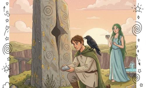 Aristeo, hombre de rostro sereno y manos callosas, cabello corto castaño, arrodillado mientras coloca con respeto una pequeña piedra gris con veta blanca junto a la base de un gran menhir; a su lado, la ninfa Calíope, joven de piel nacarada y largos cabellos verdes semejantes a algas, sostiene una copa de agua en la fuente cercana y contempla la escena con preocupación benevolente; un cuervo negro llamado Menas picotea un trozo de pan en su hombro; el menhir, monolito rugoso con grabados de espirales y una grieta vertical que aparenta una “boca”, recibe la luz cálida del crepúsculo en una colina con líquenes y tomillo, al fondo un barranco y un puente de piedra; escena centrada, solemne y mítica, paleta suave y textura de dibujo con pequeños garabatos superpuestos.