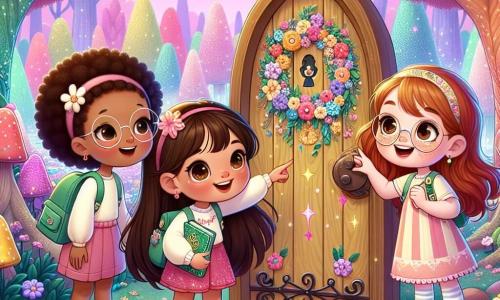 Tres pequeñas aventureras están en el centro de un claro mágico. Lucía, una niña de 8 años con largos cabellos castaños y ojos brillantes, mira con asombro una pequeña puerta de madera decorada con flores coloridas. A su derecha, Marta, una niña de 7 años con cabello rubio y gafas redondas, toma notas en un pequeño cuaderno mientras sonríe, llena de curiosidad. A la izquierda, Ana, una niña de 9 años con trenzas pelirrojas y pecas, señala la puerta, emocionada por el descubrimiento. El lugar es un hermoso Bosque de las Maravillas, lleno de árboles de troncos multicolores y flores brillantes. El cielo es de un rosa pastel, salpicado de nubes en forma de caramelos, y una suave melodía flota en el aire, creando una atmósfera mágica. Las tres amigas se preparan para abrir la puerta mágica que las llevará a una aventura increíble, donde descubrirán un mundo lleno de misterios y magia.