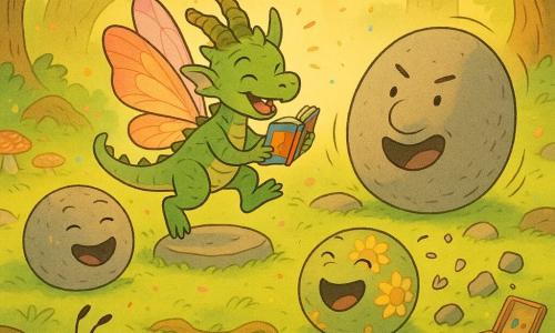 Folhico, um minúsculo dragão do tamanho de um esquilo, com asas finas de borboleta e chifres cobertos de musgo, sorridente e travesso, segura um pequeno livro colorido e conta uma história saltando sobre uma pedra; Cascudão, uma grande pedra oval de rosto carrancudo com leve sorriso, rola devagar para a direita, surpreso e divertido; Pedra‑Girassol, uma pedra redonda com padrões florais amarelos, ri e salta perto de Folhico; Pedra‑Borrachenta, pedra plana e flexível, sorri elasticamente e começa a rachar em pedacinhos que caem rindo; Rita, a formiga minúscula e atenta, está numa folha em primeiro plano, antenas erguidas, aplaudindo; a clareira do Bosque dos Sussurros tem musgo verde, cogumelos coloridos, raízes retorcidas, raios de sol dourados e pétalas e pós coloridos no ar; ao lado há um kit de pintura de pétalas e pote de pólen com manchas de tinta viva nas pedras; cena principal: Folhico improvisa uma história alegre e teatral no centro de um círculo de pedras que riem, algumas rolando, numa atmosfera luminosa, calorosa e movimentada.