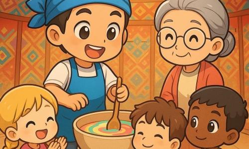 Rui, un jeune homme souriant et enthousiaste, porte un avental azul e um lenço na cabeça. Ele está misturando ingredientes coloridos em uma tigela grande. Ao lado dele, uma mulher adulta, Dona Mila, com cabelos grisalhos e óculos redondos, observa com um olhar carinhoso. Três crianças, dois meninos e uma menina, com cerca de 8 anos, estão sentados ao redor de Rui. A menina, Sofia, tem tranças douradas e aplaude alegremente. O menino, Lucas, com cabelos castanhos despenteados, sente o cheiro no ar com um sorriso satisfeito. O outro menino, Pedro, com cabelos pretos curtos, observa atentamente a tigela. Todos estão sentados em almofadas coloridas. A cena acontece dentro de uma iurta espaçosa e acolhedora, com paredes de tecido colorido e padrões tradicionais. Raios de sol filtram através da abertura no topo, iluminando a cena com luz dourada.