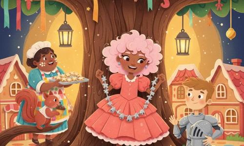 A smiling, mischievous princess with spun-sugar colored hair in thick curls, wearing a coral ruffled dress and squeaky shoes, delicately holds a small silver necklace of tiny bells and leaves while standing center stage; Sir Whisk, a very short young knight (about 20–25) in simplified shining armor, stands to her right holding his helmet, ready to applaud; Madame Fizz, a round-faced baker in her 40s with flour-dusted cheeks and a colorful apron, offers a tray of glittering cookies from the left in the near background; a squirrel in a tiny vest jumps on a low branch to the princess’s left holding a shiny acorn; the setting is the Ancient Garland Tree, a large textured-trunk tree draped with colorful ribbon garlands and paper decorations, with gingerbread houses, hanging lanterns and a sweet-paved mosaic on the ground; the scene shows the princess gently unfurling the silver garland necklace before gathered villagers as golden evening light and falling sugar sparkles create a warm, festive, wondrous atmosphere.