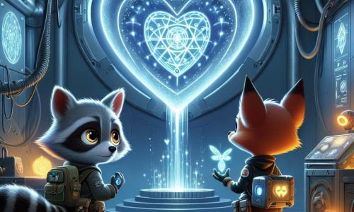Riley, a young raccoon with sparkling eyes and gray-black fur, stands in front of a huge glowing heart, the "Eternal Heart," with a look of wonder and curiosity. He carries a small backpack filled with futuristic gadgets and holds a holographic tool in his paws. Next to him, Zoey, a clever fox with bright orange fur and pointy ears, watches the Heart with excitement and amazement. She wears protective goggles and holds a small drone that floats beside her, ready to explore. The scene takes place in a vast underground chamber with shiny metal walls, illuminated by pulsing lights and holographic screens displaying ancient symbols. Cables and complex machines surround the Heart, creating a mysterious and fascinating atmosphere. Riley and Zoey discover the Eternal Heart, a source of magical energy that powers their futuristic city, feeling a deep connection to this hidden treasure, ready to uncover its secrets.