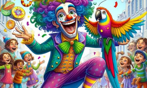 En el centro de la imagen, Ruperto, un hombre de cabello rizado y colorido, lleva un traje multicolor adornado con un gran símbolo de galleta en el pecho. Muestra una amplia sonrisa, con los ojos brillando de emoción, mientras hace mimos cómicos para hacer reír a la multitud a su alrededor. A su derecha, Pipo, un loro de plumas brillantes, está posado en su hombro, con un aire travieso, cantando una melodía pegajosa. Al fondo, niños de todas las edades, algunos de 8 a 10 años, ríen a carcajadas mientras otros intentan atrapar galletas voladoras que Ruperto ha lanzado al aire. El lugar es una gran plaza animada de Superpoderópolis, rodeada de edificios coloridos, con globos flotantes y decoraciones festivas, creando un ambiente alegre y festivo. La escena principal muestra a Ruperto, el héroe cómico, entreteniendo a la multitud con sus divertidos gags, transformando un momento ordinario en una celebración llena de risas y alegría.