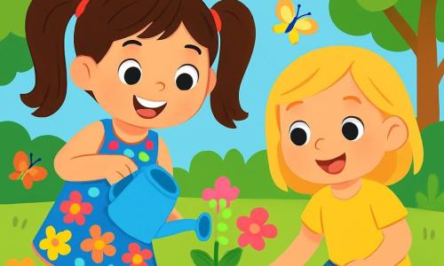 Una bambina di 6 anni, Sofia, con lunghi capelli castani raccolti in due belle trecce, indossa un vestito a fiori colorati. Ha un grande sorriso gioioso e occhi scintillanti di eccitazione mentre annaffia con cura una piccola piantina rosa in un vaso di terracotta. Accanto a lei, la sua migliore amica Emma, anch'essa di 6 anni, ha i capelli biondi e indossa una maglietta gialla brillante. Si inginocchia e tiene un piccolo rastrello, pronta ad aiutare Sofia. Il giardino della scuola è un luogo vibrante, pieno di fiori multicolori, farfalle danzanti e verde lussureggiante. Gli alberi ombrosi circondano il giardino, e un cielo blu chiaro si estende sopra di loro, punteggiato da alcune nuvole bianche e soffici. La scena mostra Sofia ed Emma mentre piantano fiori, circondate da risate e gioia, illustrando lo spirito di amicizia e collaborazione durante le vacanze estive.