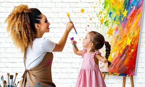 Clara, uma mulher de cabelos cacheados e dourados, irradia alegria enquanto pinta um grande mural colorido em uma parede de tijolos brancos. Ela usa um avental manchado de tinta, com os olhos brilhando de criatividade e entusiasmo. Ao lado dela, Ana, uma menina de 7 anos com tranças e um vestido rosa, observa com admiração as estrelas que acabou de pintar, suas bochechas coradas de excitação. Um pouco mais longe, Leo, um garoto de 8 anos com cabelos castanhos bagunçados, segura um pincel e adiciona planetas coloridos, um sorriso largo iluminando seu rosto. O local é uma charmosa praça central, cercada por árvores verdes e bancos de madeira, com flores multicoloridas ao redor. O céu é azul e ensolarado, criando uma atmosfera alegre e inspiradora. A cena principal mostra Clara e as crianças em plena criação, cercados por potes de tinta vibrantes, rindo e compartilhando seus sonhos enquanto transformam a parede em uma obra de arte coletiva, simbolizando a unidade e a magia da imaginação.