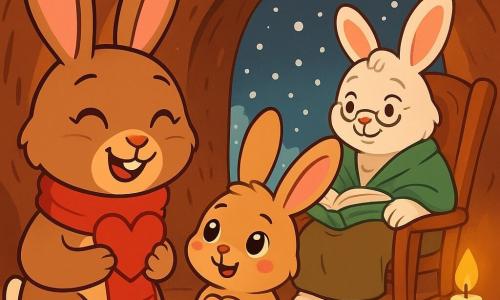 In the center of the image, Hazel, a little rabbit with big ears, is full of excitement and joy. Her fur is soft and brown, and she wears a red scarf around her neck. She holds a small red paper heart in her paws, her smile lighting up her face. Next to her, Nib, her little brother, is a young rabbit with bright eyes and rosy cheeks. He looks at Hazel with admiration, his small paws pressed against his belly, full of enthusiasm. In the background, Grandma Willow, an old rabbit with snow-white fur, sits in a wooden chair with an open book on her lap. She smiles tenderly, her eyes sparkling with wisdom and warmth. The setting is a cozy burrow, with earthen walls and golden lights twinkling, creating a warm atmosphere. Snowflakes gently fall outside, while soft candlelight illuminates the scene. The main situation shows Hazel and Nib, surrounded by warmth and light, sharing a magical Christmas moment, ready to listen to their grandmother's story, with the red paper heart symbolizing hope and joy for this special night.