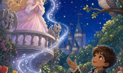 Around 10-year-old princess with a round gentle face and long blonde hair tied with a pink ribbon, wearing a floating pastel dress, stands on a pale stone balcony singing with hands to her heart as a silver ribbon of light flows from her mouth toward the garden; a tender 12-year-old prince with short brown hair and a navy coat embroidered in gold stands below, admiring her with one hand raised as if to applaud; a wise gray-and-white spotted owl perches on a nearby branch tilting its head; surrounding castle garden of green lawns, red and yellow tulips, glowing-leaf trees and moonlit stone paths, gentle gargoyle-adorned balcony, starry night and soft silver mist, cute simple manga style, pastel palette emphasizing the connection between princess and prince.