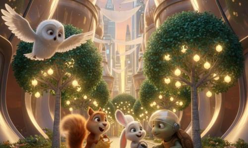 Milo, a curious red-furred squirrel with a fluffy tail, smiles as he pours sparkling water from a sun-shaped watering can at the base of a glowing tree; Lila, a small white rabbit with large ears, sings beside him holding another can; Mr. Jasper, an elderly turtle with a shiny helmet, crouches by a row of trees touching a silver leaf, and Mrs. Finch, a white-feathered owl, stands at the alley entrance with half-open wings. Setting: a narrow cobbled alley between two futuristic glass towers with smooth curved walls, silver tiled ground, translucent solar sails and distant skyscrapers. Visuals: silver-barked trees with emerald leaves bearing small golden bulb fruits, warm golden light and water droplets sparkling like stars. Main scene: the children discover a secret glowing alley and water the plants, activating a soft protective glow that lights the lane. Style: soft colorful 3D render with plush animal textures, glossy glass reflections and a warm twilight atmosphere.