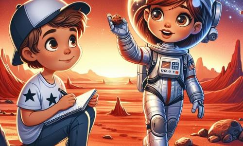 In primo piano, una donna astronauta, Sofia, sta camminando sulla superficie rossa di Marte, con un grande sorriso di meraviglia sul volto. Indossa una tuta spaziale bianca e argentata, con un casco trasparente che riflette il paesaggio marziano. I suoi capelli castani sono legati in una coda di cavallo e i suoi occhi brillano di eccitazione mentre tiene un campione di suolo nella mano. Accanto a lei, un ragazzo di nome Luca, di circa 10 anni, la guarda con ammirazione. Ha i capelli castani disordinati e indossa un cappellino da baseball e una maglietta con delle stelle. Sta prendendo appunti in un piccolo quaderno, seduto su una pietra, con gli occhi fissi su Sofia, affascinato dalla sua avventura. Il paesaggio è spettacolare: dune di sabbia rossa si estendono a perdita d'occhio, punteggiate da rocce strane e crateri. Il cielo è di un blu profondo, costellato di stelle scintillanti e da una luce dorata, come se il sole stesse tramontando su questo pianeta lontano. La scena principale mostra Sofia e Luca che scoprono insieme le meraviglie di Marte, con Sofia che spiega a Luca i segreti del pianeta rosso, mentre entrambi si meravigliano della bellezza dell'universo che li circonda.