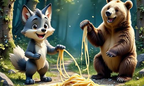 A cheerful little wolf named Wally, with soft gray fur and sparkling curious eyes, is rolling a long strand of spaghetti along a forest path. He smiles widely, his ears perked up, full of enthusiasm for his challenge. Beside him, a large brown bear named Benny, with silky fur and a friendly smile, encourages him by raising his paws, ready to help stretch the dough. The setting is a sunny forest, with lush green trees and sunlight filtering through the leaves, illuminating the path where the dough lies. Curious animals, like a bright-eyed squirrel and a wise owl, watch the scene with amazed expressions. The main situation shows Wally and Benny in action, surrounded by their friends, all laughing and having fun as they attempt to create the longest spaghetti in the world, with strands of dough joyfully winding around the trees.