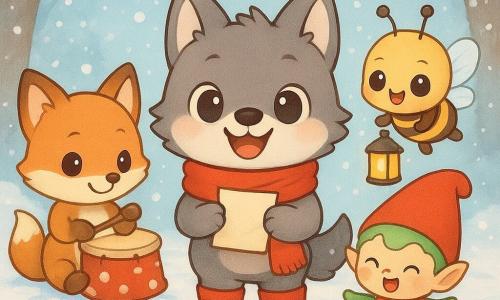 Wolli, der kleine Wolf, steht im Mittelpunkt des Bildes mit einem breiten Lächeln und neugierig funkelnden Augen. Er trägt einen warmen roten Schal und passende Stiefel und hält ein Stück Papier in einer Pfote. Rechts von ihm fliegt Hanni, die kleine Biene, fröhlich mit großen, leuchtenden Augen und einer kleinen Laterne. Links von Wolli spielt Fips der Fuchs mit einem schelmischen Blick auf einem Pilz Trommel. Der Schalkobold, eine kleine grüne Figur mit einer großen roten Mütze, hüpft voller Enthusiasmus in einem Kreis aus Kiefernzapfen. Die Szene spielt sich in einer verschneiten Lichtung ab, erleuchtet von Eiskristallgirlanden, die an den Ästen der Bäume hängen. Die Atmosphäre ist festlich und magisch, mit sanft fallenden, funkelnden Schneeflocken um die Figuren herum.