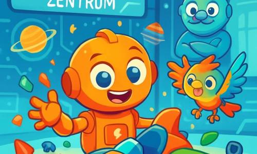 Zipp, ein kleiner orangefarbener Roboter mit funkelnden blauen Augen, steht im Mittelpunkt des Bildes und zeigt einen Ausdruck von Freude und Neugier. Er baut einen Flitz-Gleiter und ist von bunten Teilen umgeben, die um ihn herum schweben. Neben ihm schwirrt Pixel, ein kleiner Drohnenvogel mit bunten Federn, fröhlich in der Luft und ermutigt seinen Freund mit einem begeisterten Lächeln. Im Hintergrund beobachtet Professor Bingel, ein runder Roboter mit einem Propeller auf dem Kopf und einem freundlichen Gesicht, stolz mit verschränkten Armen aus einer Ecke des Labors. Der Ort ist das „Kinderforschungszentrum“, ein futuristischer Raum voller leuchtender Glaswände, schwebender Plattformen und funkelnder Maschinen. Hologramme von Planeten und Sternen tanzen um sie herum und schaffen eine magische, dynamische Atmosphäre. Die Hauptsituation zeigt Zipp inmitten eines Wirbelsturms aus Farben und Energie, während er versucht, seinen entkommenen Flitz-Gleiter zu reparieren, während Pixel und Professor Bingel ihn bei diesem technologischen Abenteuer anfeuern.