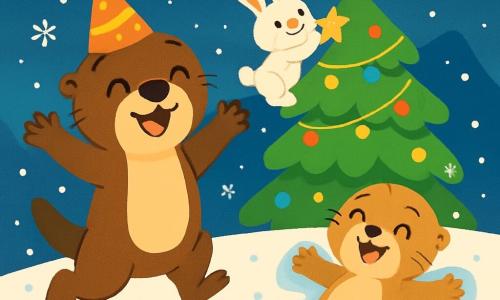 A little otter named Oliver, with soft brown fur, wears a sparkling party hat and has a big joyful smile on his face. He jumps in the snow, surrounded by gently falling flakes. Next to him, his little sister Lila, a slightly lighter-furred otter with sparkling eyes, makes snow angels, laughing with happiness. In the background, Benny the rabbit, with his large ears and white fur, stands on a snow pile, holding a shiny star he just hung on a large tree decorated with colorful garlands. The setting is a beautiful wooden chalet, illuminated by twinkling lights, with snowflakes slowly falling and a starry sky in the background. The scene shows Oliver and his friends joyfully celebrating New Year's, surrounded by laughter and magic, ready for the countdown.