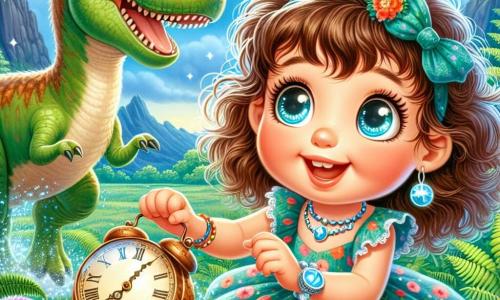 Uma menina de 4 anos, Lúcia, com grandes olhos brilhantes e cabelos cacheados castanhos, veste um vestido colorido com flores. Ela tem um sorriso encantado no rosto, segurando um velho despertador brilhante nas mãos, cercada por uma luz azulada. Ao seu lado está Dino, um dinossauro gentil e grande, com pele verde e olhos suaves, que se inclina para ela com um ar amigável, pronto para brincar. O cenário é um vasto campo pré-histórico, cheio de samambaias luxuriantes e grandes montanhas ao fundo, sob um céu azul brilhante. A cena principal mostra Lúcia e Dino correndo alegremente juntos, Lúcia rindo alto, enquanto pássaros coloridos voam ao redor, acrescentando um toque de magia a esta cena de aventura.