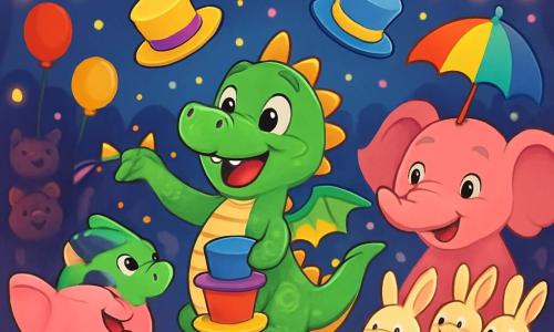 Un dragon de circ, pe nume Pufos, este în centrul scenei. Este mic și verde, cu solzi strălucitori care sclipesc sub luminile colorate. Fața lui exprimă bucurie și entuziasm, în timp ce jonglează cu pălării de diferite culori. Lângă el, un elefant roz, pe nume Trompi, zâmbește larg, având ochi mari și blânzi, și ține un umbrelă care aplaudă vesel. Mai departe, un grup de iepurași mici cu blănițe moi și ochi sclipitori îl încurajează entuziast, sărind pe loc. Scena se desfășoară sub un mare cort de circ, plin de lumini strălucitoare și decorațiuni colorate. Balonase plutesc în aer, iar publicul, format din creaturi curioase, este captivat de spectacol. Situația principală arată cum Pufos construiește o piramidă de pălării, având o expresie concentrată pe față, în timp ce umbrela aplaudă și iepurii îl încurajează cu strigăte de bucurie.