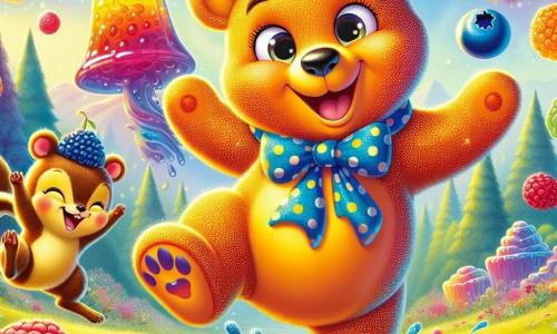 In the center of the image, an orange bear with sparkling polka dots named Benny joyfully jumps in the air, a big smile on his face. His eyes sparkle with excitement as he bites into a Bouncing Blueberry, bright blue juice splattering around him. Next to him, a small squirrel named Squeaky, wearing a acorn top hat, laughs heartily. He has shiny brown fur and mischievous eyes, doing pirouettes while holding a small blue trombone. In the background, a gigantic colorful gummy bear, the Gigantic Gummy Bear, bounces happily with arms in the air and a bright smile. Its translucent texture and vivid colors add a touch of magic to the scene. The setting is an enchanted clearing filled with bright flowers and dancing trees, bathed in the golden light of the setting sun. Stars begin to twinkle in the sky, adding a fairy-tale atmosphere. The main scene shows Benny, Squeaky, and the Gummy Bear having fun together, jumping and laughing, surrounded by floating Bouncing Blueberries, creating a playful and whimsical ambiance.