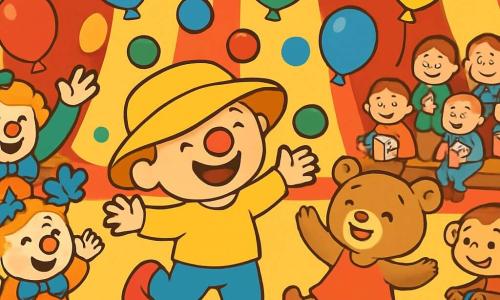 A 2-year-old boy named Bobby, with a big joyful smile and a bright red nose, is wearing a yellow hat that falls over his eyes. He is jumping for joy, surrounded by colorful balloons. Next to him, Bella, a 3-year-old teddy bear, is wearing pink shoes and dancing with her arms raised. Max, a mischievous little monkey, is on a miniature bike, looking amused and ready to take a ride. The scene is set in a large circus tent with red and white stripes, filled with twinkling lights and colorful decorations. Amazed spectators sit on wooden benches, holding popcorn bags. The main situation shows Bobby, Bella, and Max having fun together, with Bobby trying to juggle colorful balls while clowns laugh and applaud around them, creating a joyful and festive atmosphere.