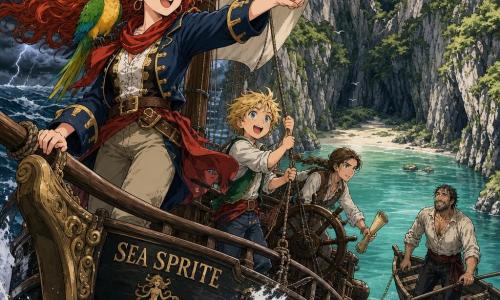 Captain Clara, female 20–25 with curly red hair blowing, freckled face and bright green eyes, courageous kind expression, colorful pirate outfit (navy jacket, red scarf), standing proudly at the bow with one hand on the rail and the other pointing to the cove entrance; Finn, boy ~10, small, tousled blond hair, awed and smiling, holding a rope near the center deck by the sails; Amelia, woman ~18, fair skin, braided brown hair, focused on a rolled chart, crouched near the stern adjusting sails; Jack, man ~40 with a weathered face and soaked clothes, relieved, standing at the cove entrance in a small moored rowboat looking toward the ship; Squawk the parrot, green and yellow, perched on Clara’s shoulder with its beak open as if encouraging; Location: protected circular cove with smooth emerald water, steep mossy cliffs, dark stormy sky and swirling clouds over the rough seas outside; Main scene: the ship Sea Sprite sails from the rough sea into the calm pocket of the cove, sails full, foam splashing around the hull, strong contrast between peaceful interior and violent storm outside, dynamic heroic mood.