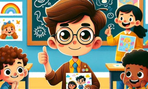 Em uma sala de aula iluminada, um menino de 10 anos, Pedro, com cabelos castanhos e olhos brilhantes, está no centro segurando um desenho colorido que representa sua família. À sua direita, Clara, uma menina de 9 anos com cabelos cacheados e um sorriso caloroso, o incentiva com um polegar para cima. À esquerda, Lucas, um menino de 10 anos com óculos redondos e uma expressão travessa, faz uma piada imitando um gesto cômico, fazendo os outros crianças rirem. Ao fundo, há um quadro negro cheio de desenhos de crianças e cartazes coloridos sobre emoções, criando uma atmosfera alegre e acolhedora. A cena principal mostra Pedro, um pouco nervoso mas determinado, compartilhando sua experiência sobre a separação dos pais com seus amigos, que o escutam atentamente, ilustrando a importância da amizade e do apoio em momentos difíceis.